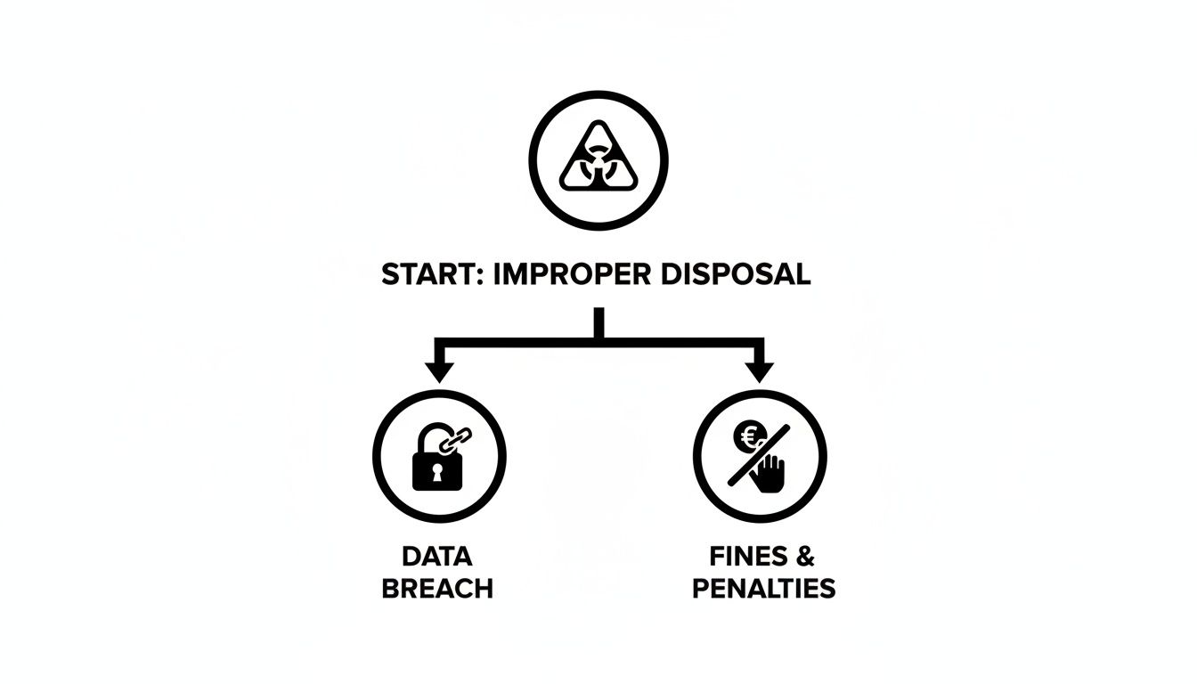 Flowchart illustrating improper disposal leading to data breaches, fines, and penalties.