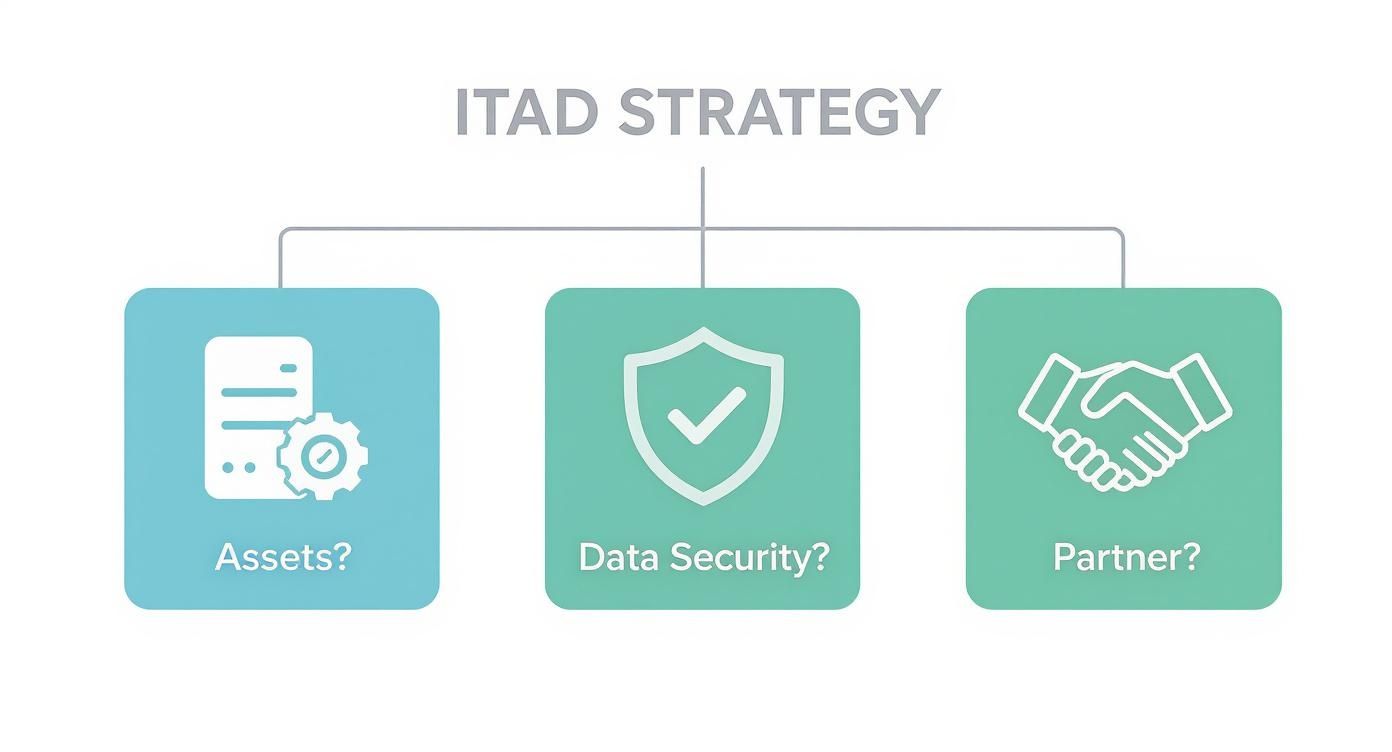 A diagram illustrating ITAD Strategy with three key components: Assets, Data Security, and Partner, each with a descriptive icon.