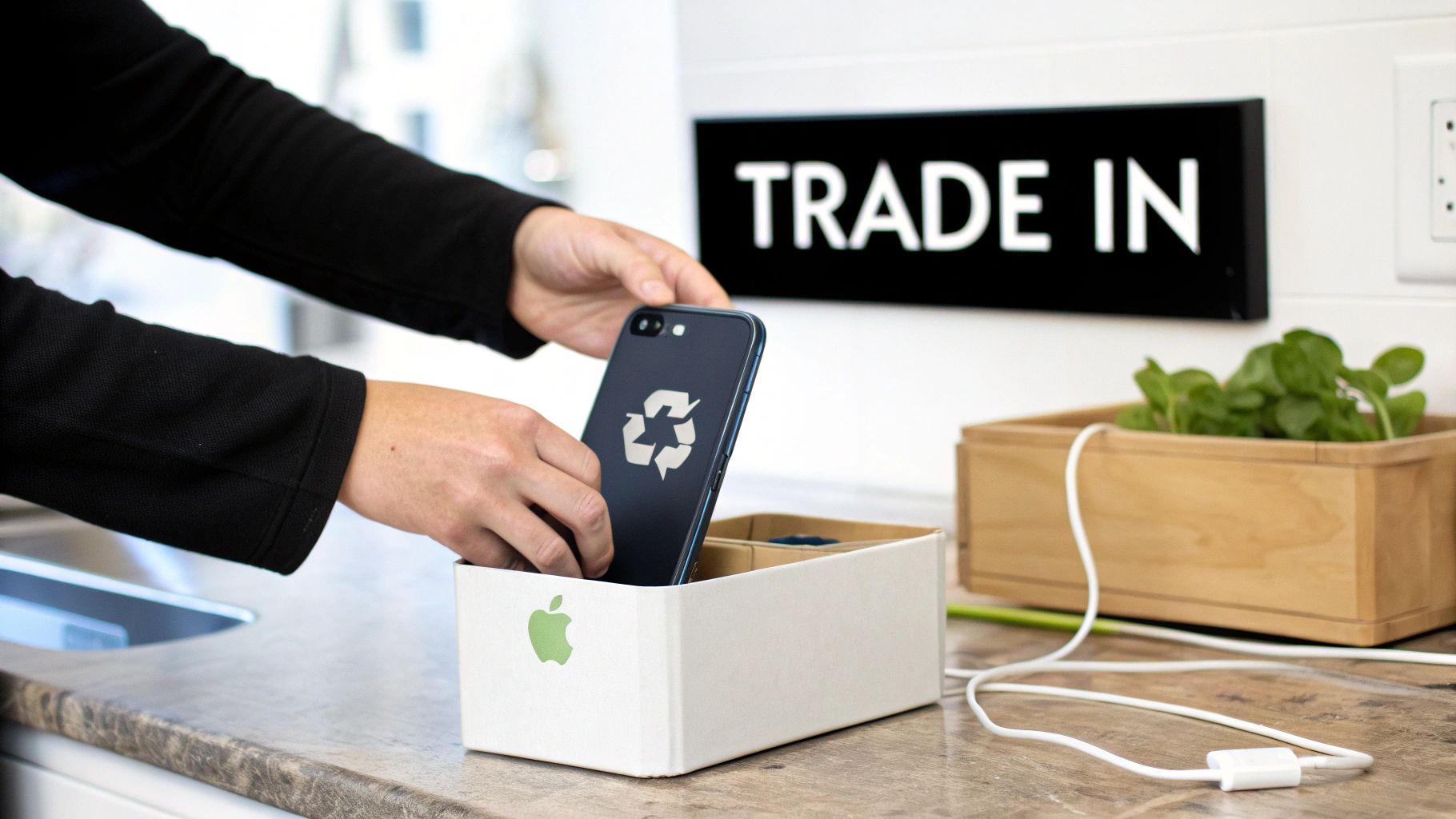 Person places a smartphone with a recycling logo into an Apple trade-in box on a counter.