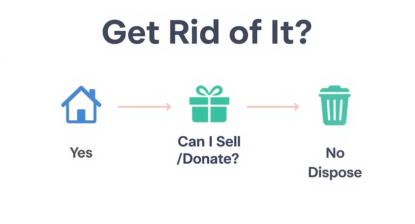 A flowchart guides the decision to keep, sell/donate, or dispose of items for decluttering.