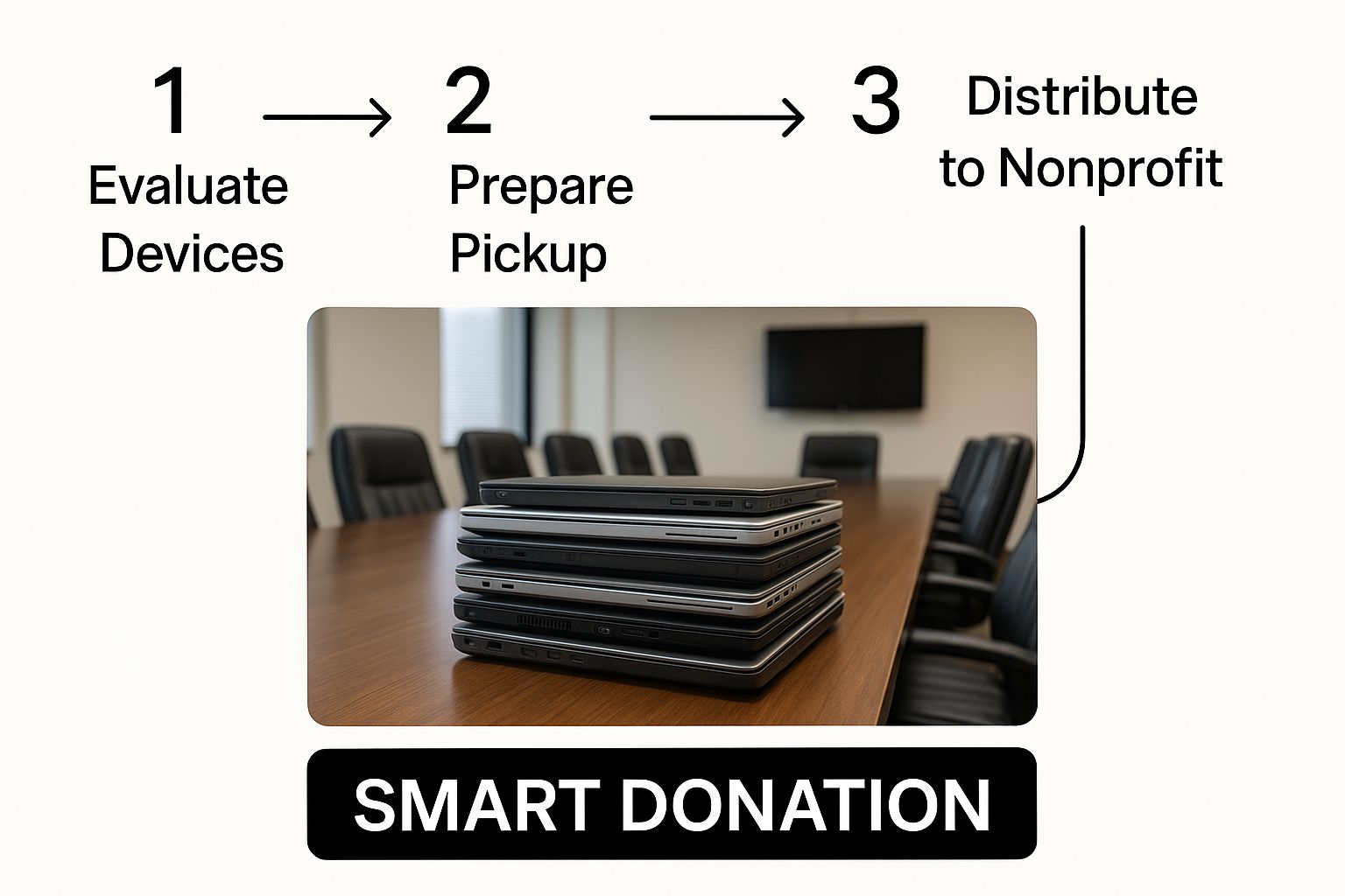 Infographic showing a pile of laptops ready for donation, with the text 'Smart Donation' highlighted.