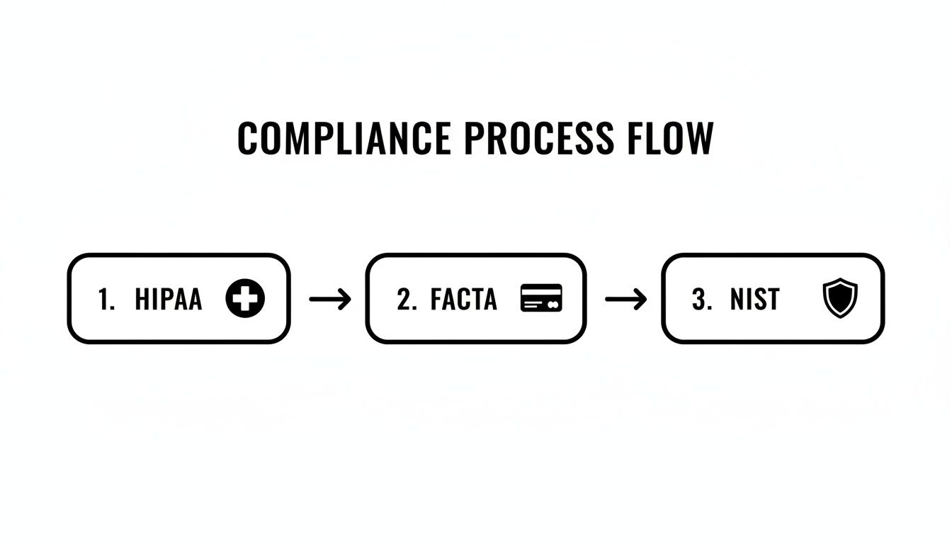 Three-step compliance process flow: HIPAA, FACTA, and NIST regulations illustrated.