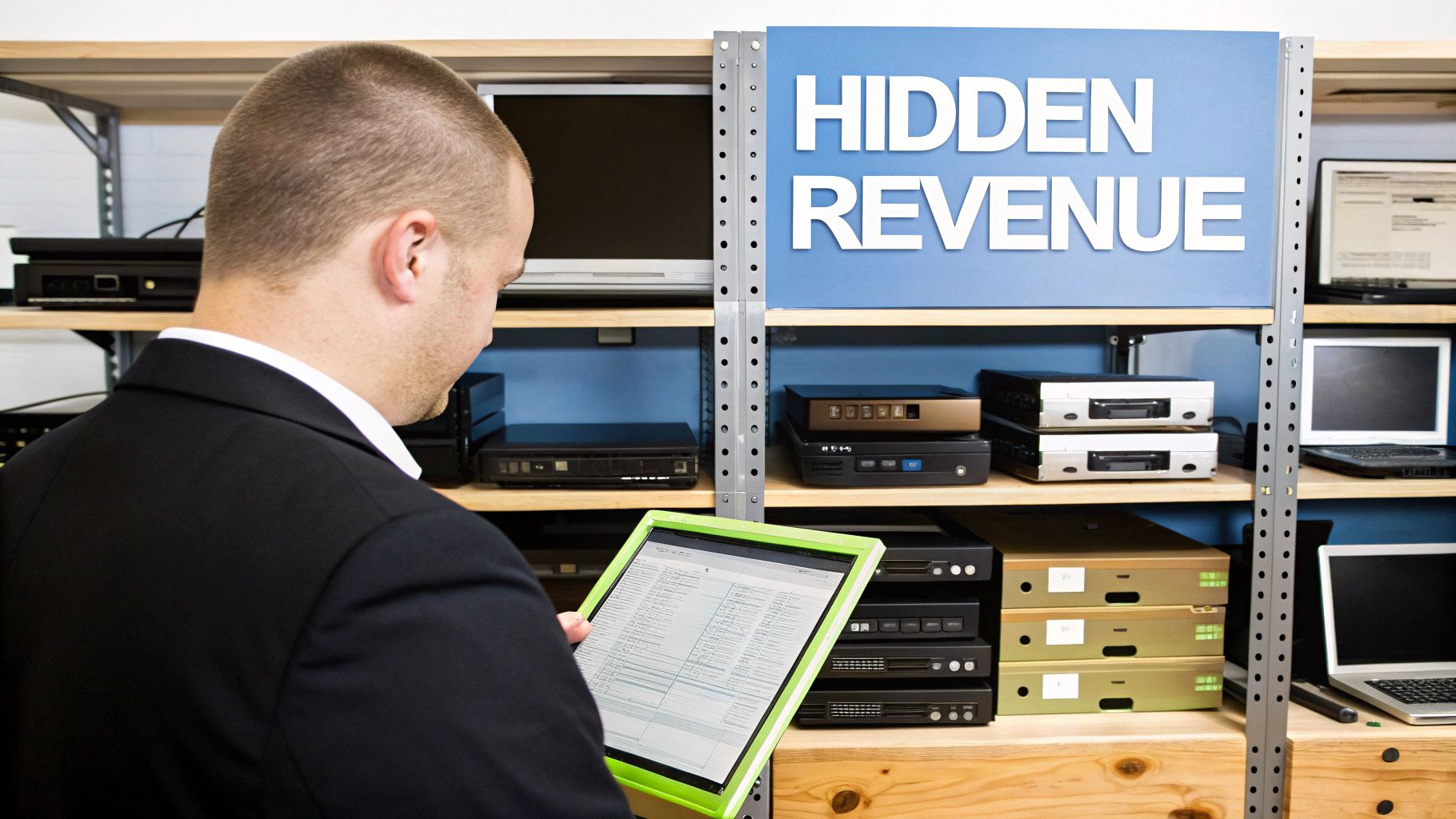 Business professional examining data on a tablet in front of shelves filled with old electronics, with a sign reading "HIDDEN REVENUE," highlighting the potential value of retired technology for asset recovery.