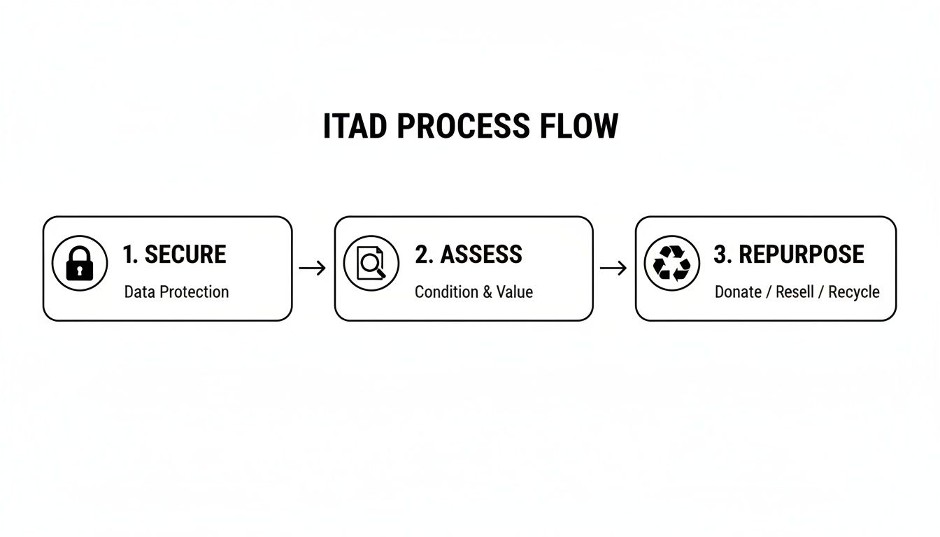 Flowchart illustrating the ITAD process: Secure (Data Protection), Assess (Condition & Value), and Repurpose (Donate, Resell, Recycle).