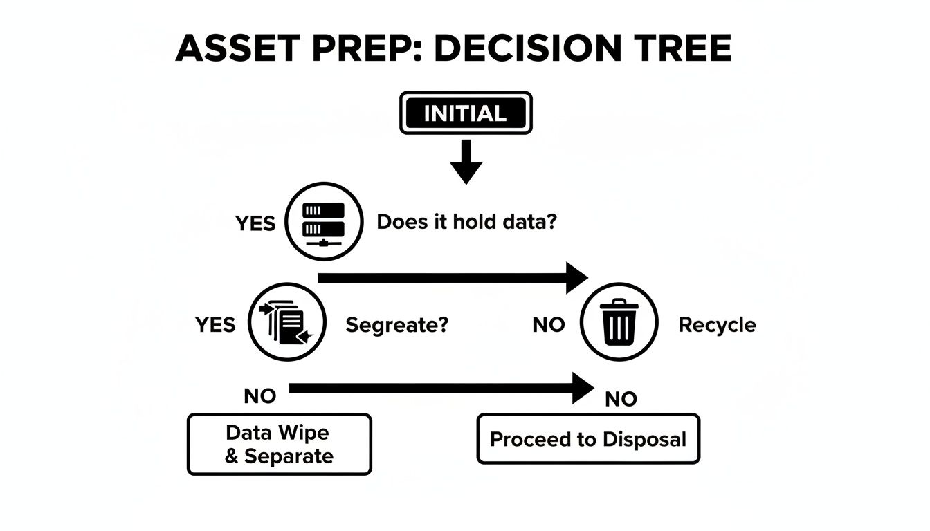 A decision tree flowchart for asset preparation, outlining steps for data handling and disposal.