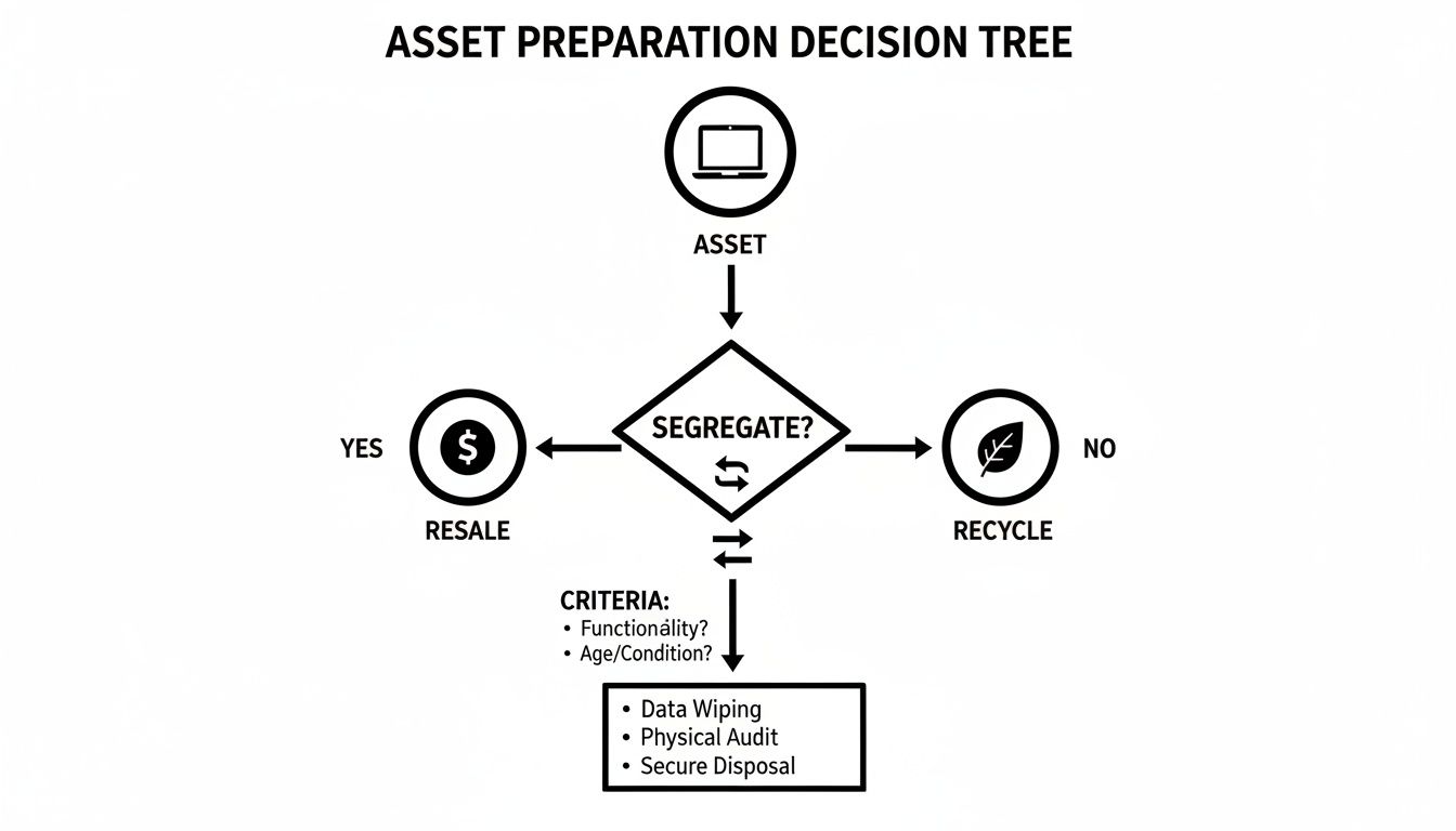 Decision tree illustrating IT asset preparation and disposition, guiding towards resale or recycling based on criteria.