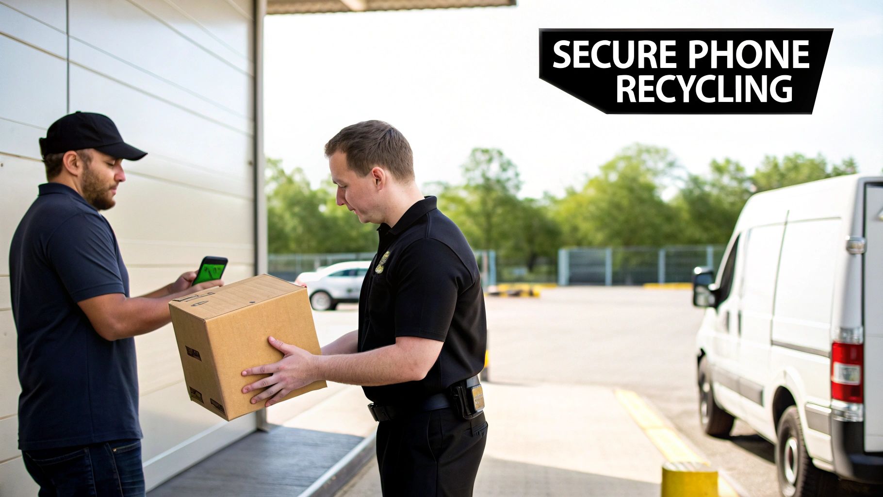 Two delivery men exchanging a package, likely for secure phone recycling, with a van in the background.