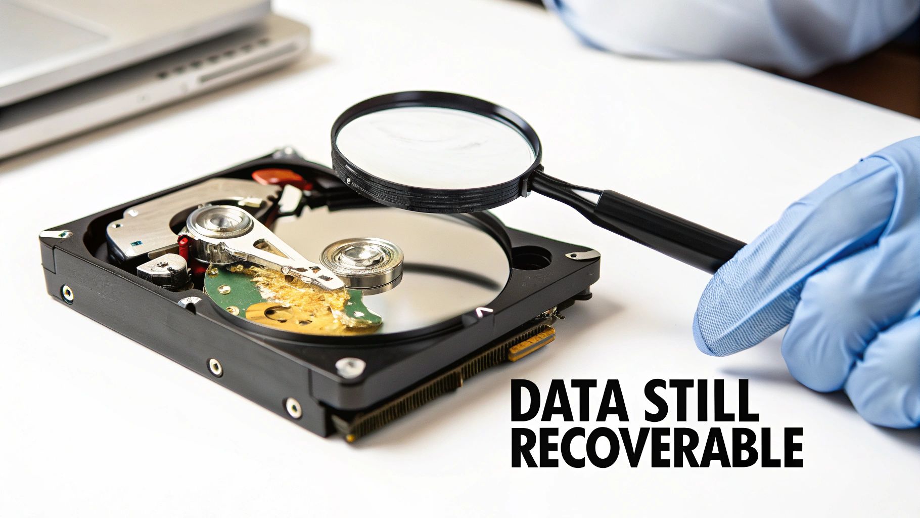 Technician holding a a shredded hard drive to show the physical destruction of data.