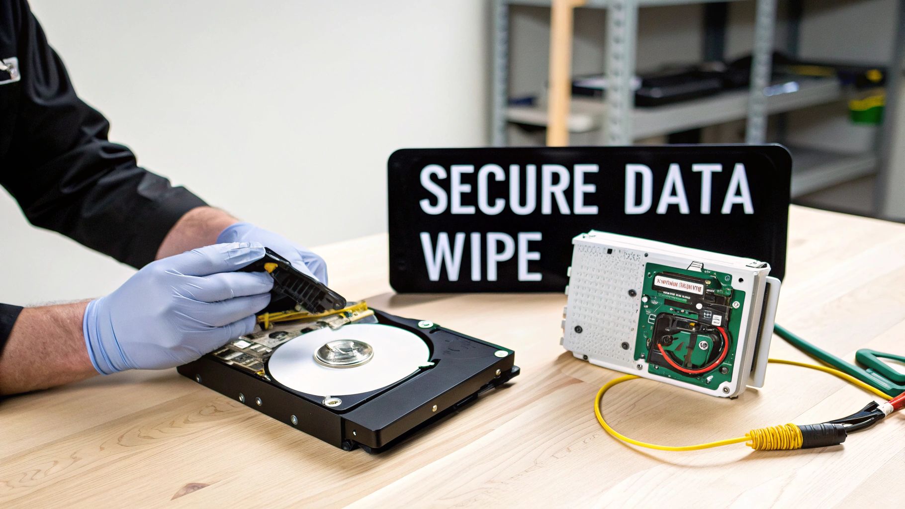 Technician in blue gloves performing a secure data wipe on a hard drive with specialized equipment.
