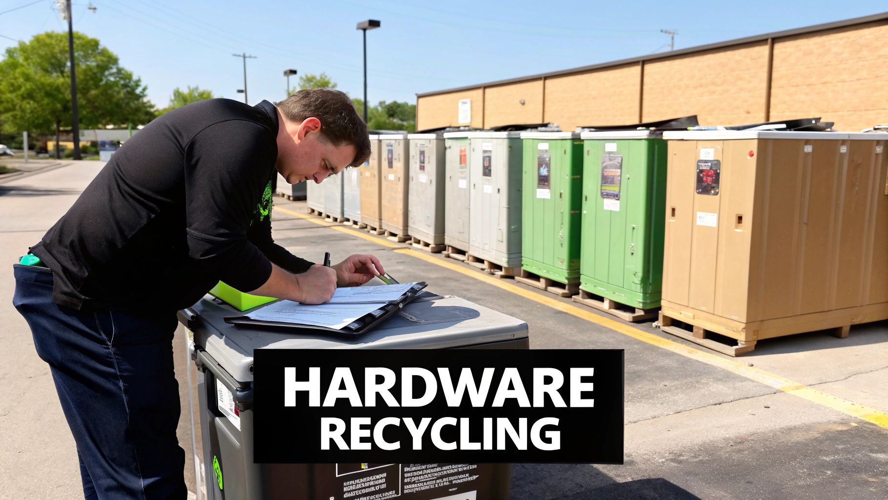 A man writes on a clipboard next to "HARDWARE RECYCLING" bins, processing electronics for disposal.