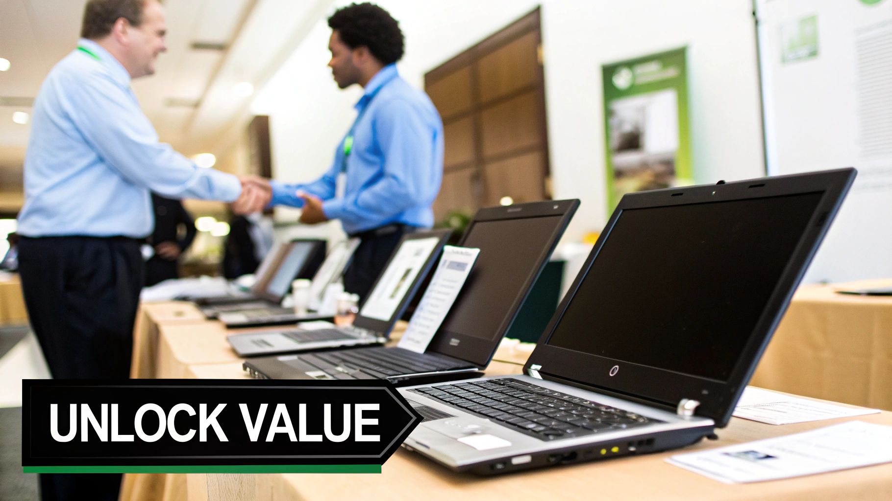 Two professionals shaking hands at a technology event, with laptops displayed on a table and a prominent "Unlock Value" sign, emphasizing IT asset management and revenue generation.