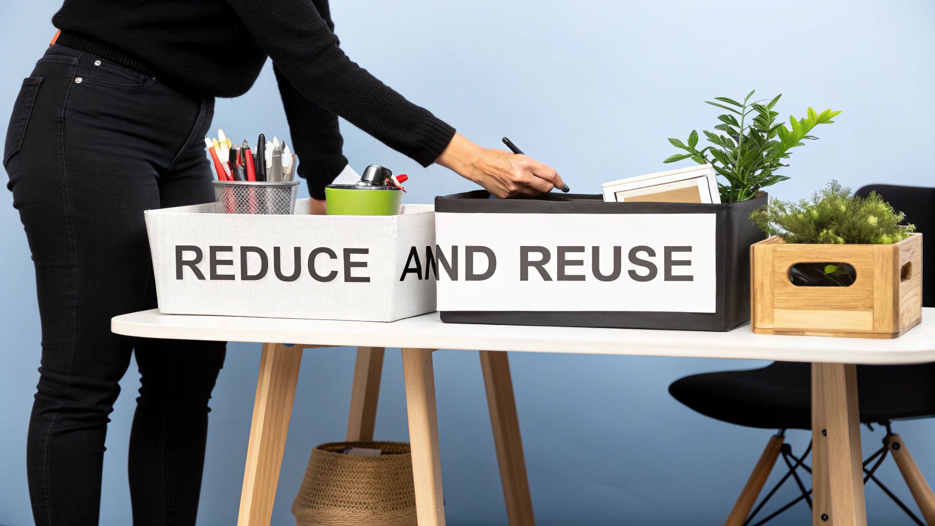 Hands placing items into 'Reduce and Reuse' bins on a table, emphasizing eco-friendly habits.
