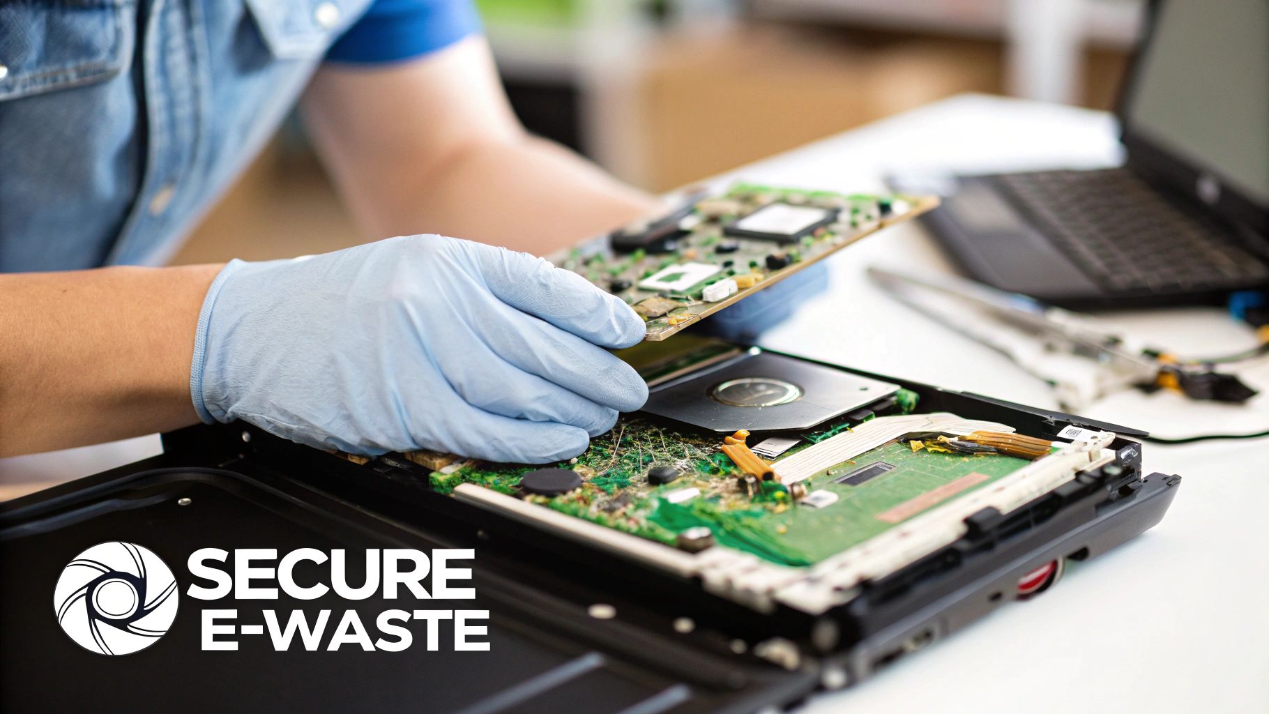 Gloved hands carefully extracting a circuit board from a partially disassembled computer for e-waste.