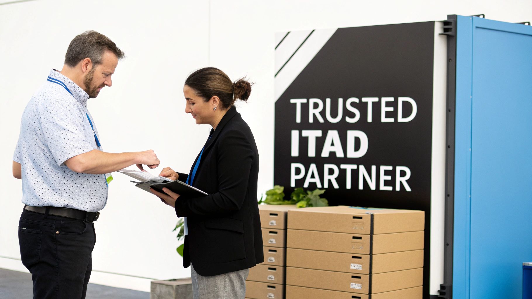 Technicians in a clean, professional facility sorting through electronic equipment for recycling.
