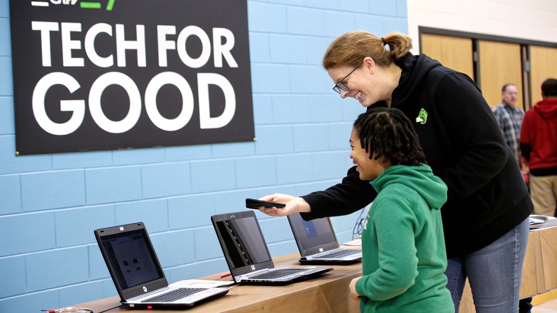 A smiling woman and child interact with laptops at a 'TECH FOR GOOD' event.