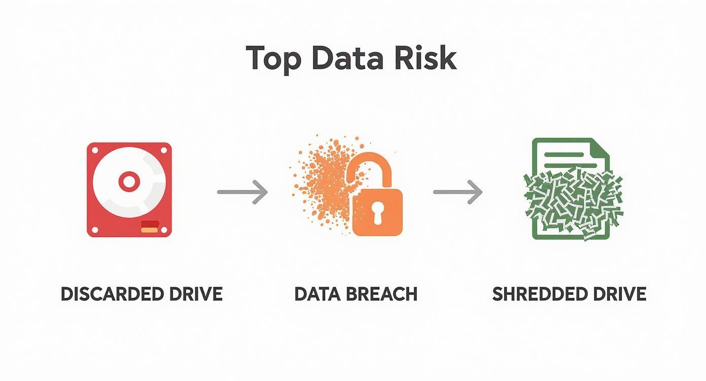 A visual explanation of data risk: discarded drives lead to breaches, prevented by shredding.