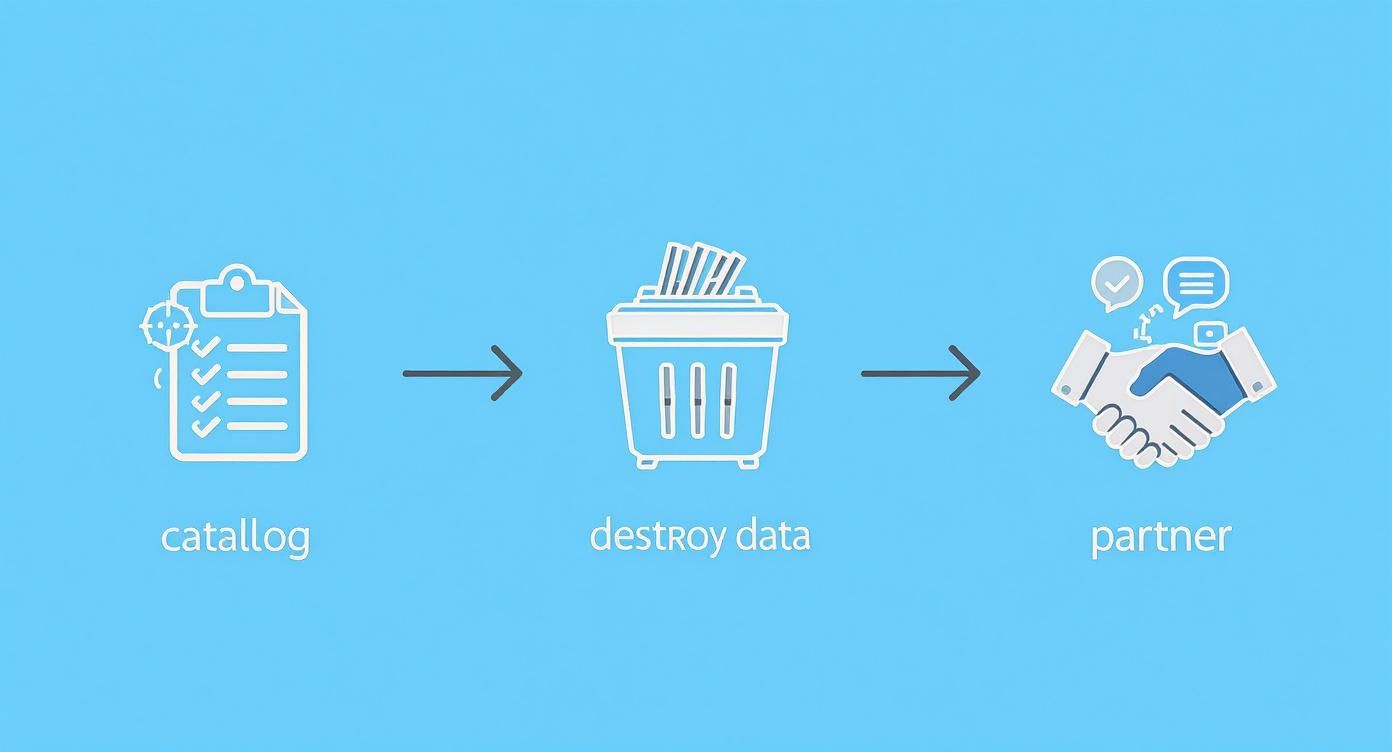 A three-step process showing data cataloging, data destruction, and partnering for disposal.