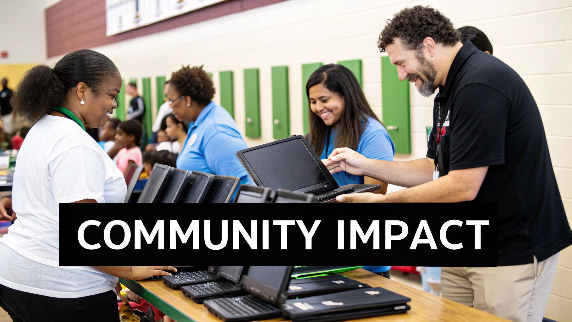 Adults smiling and assisting children with laptop distribution at a community impact event.