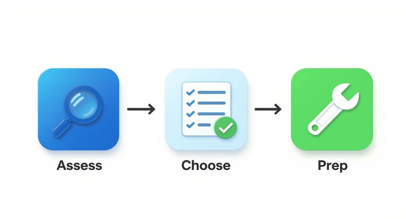 Three-step process flow showing Assess, Choose, and Prep with corresponding icons.