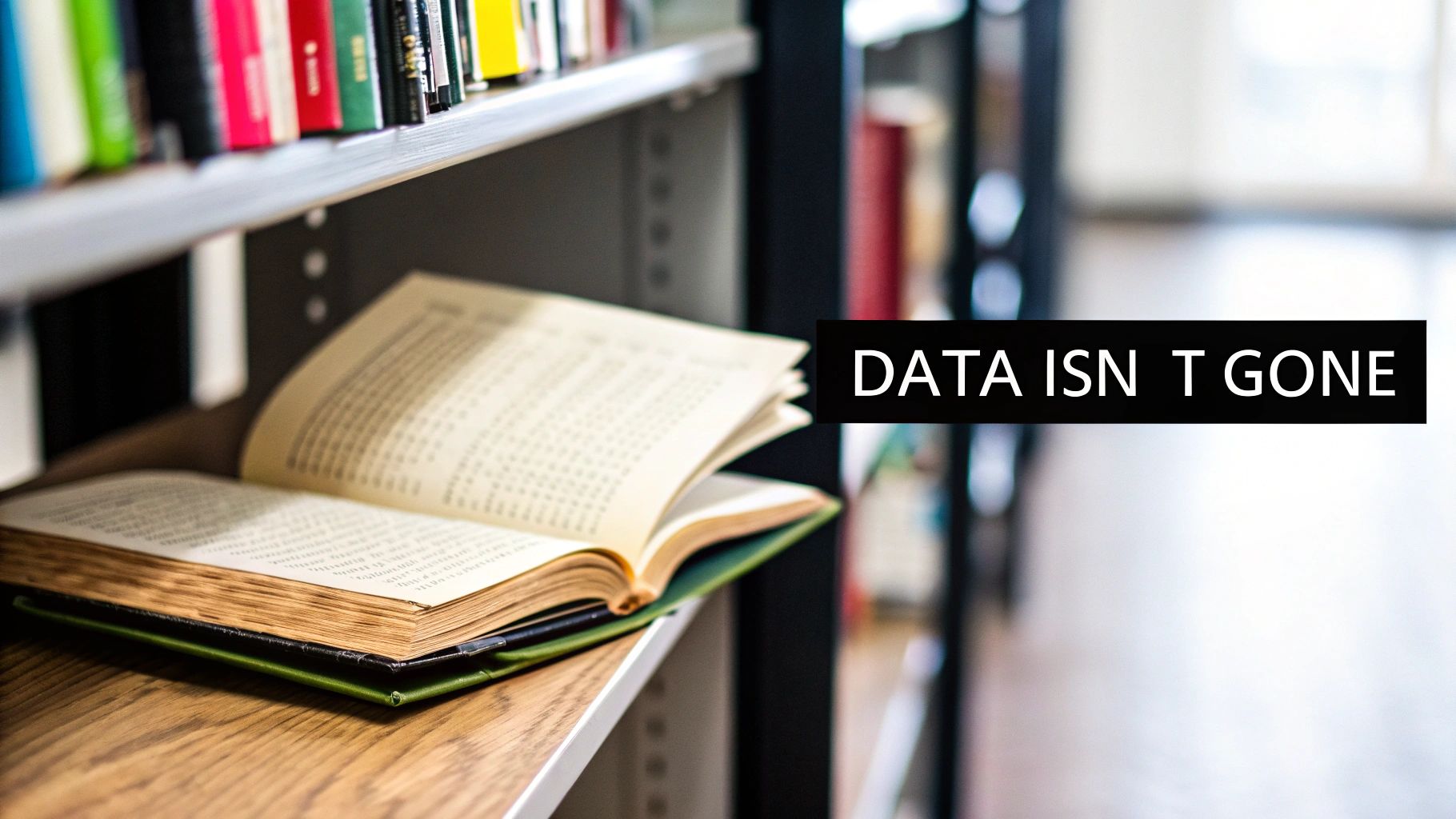 An open book with aged pages rests on a wooden shelf, surrounded by other books in a library, with a text overlay.
