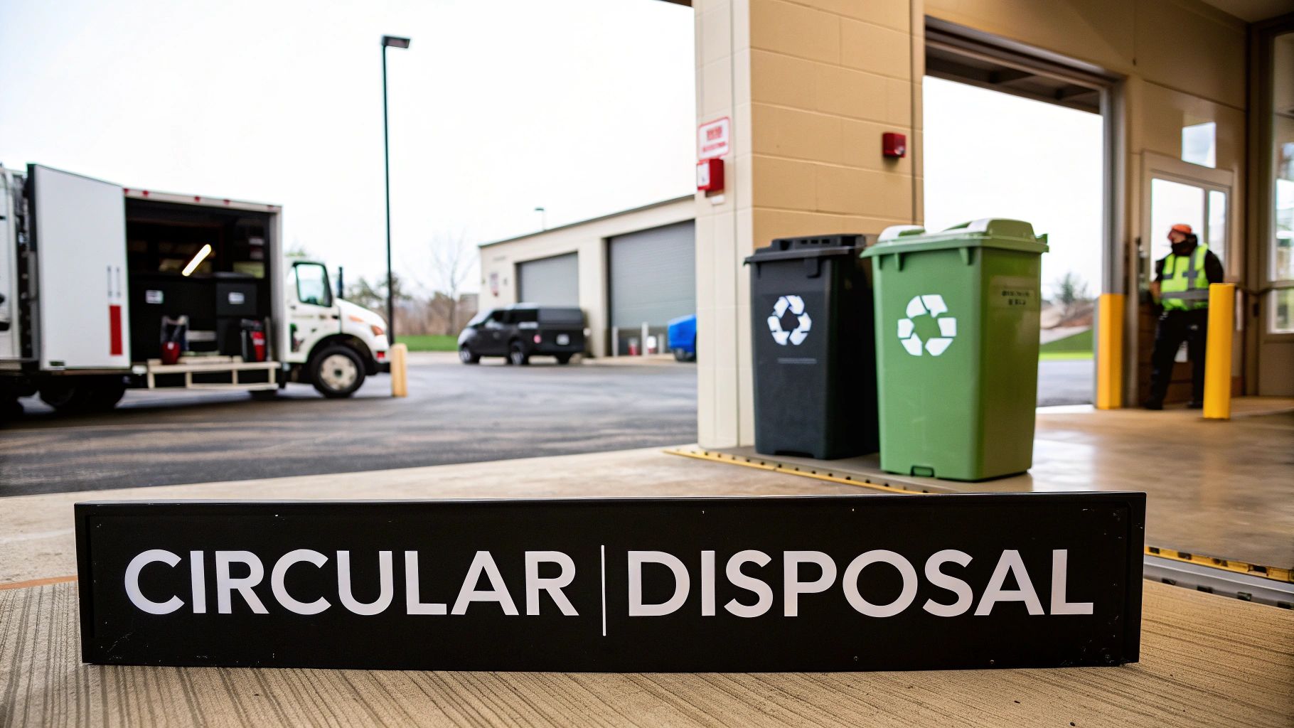 A 'Circular Disposal' sign, with black and green recycling bins, a truck, and worker at a waste facility.