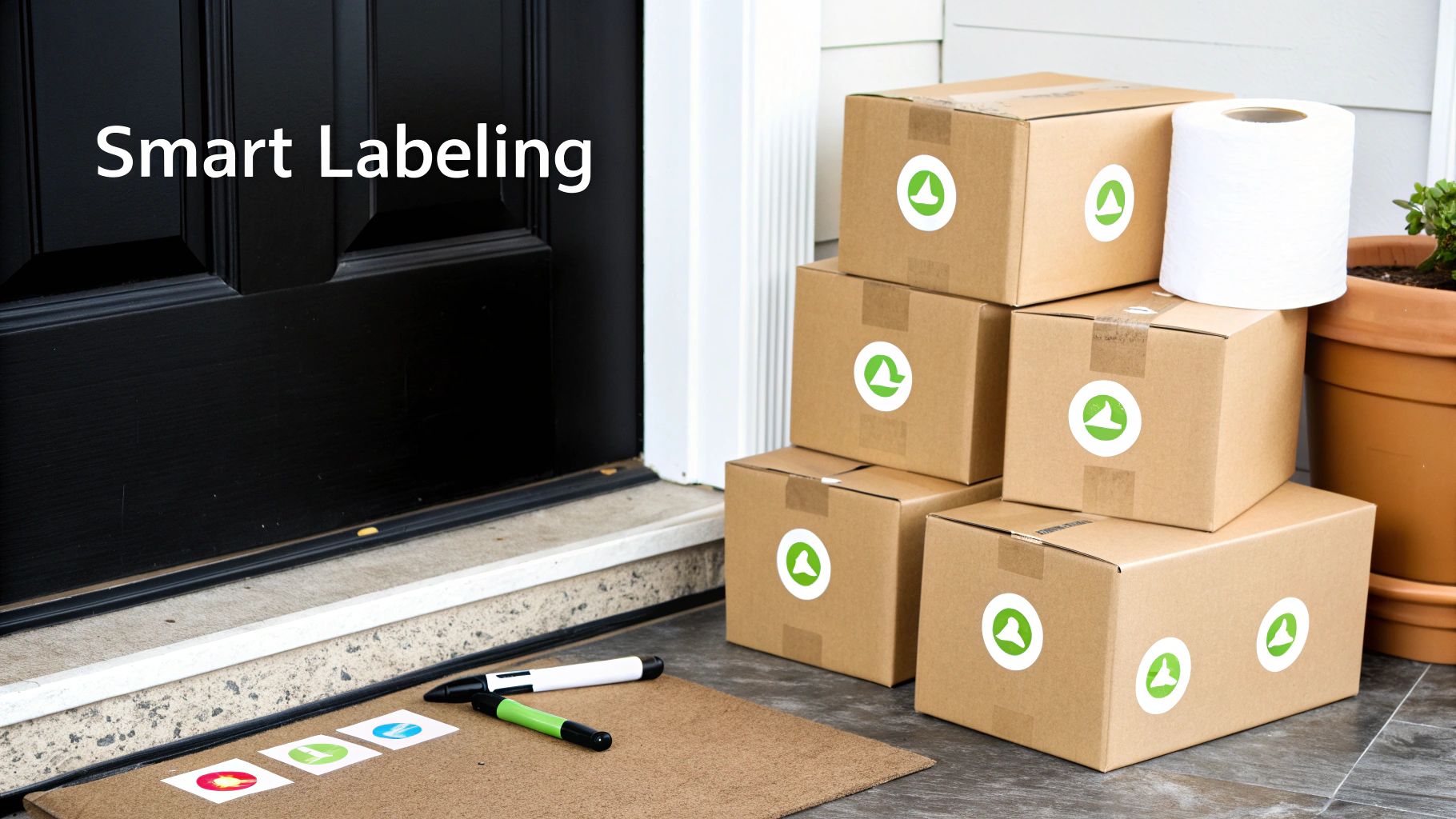 Cardboard boxes with smart labeling stickers stacked by a door, with markers and more labels on a mat.
