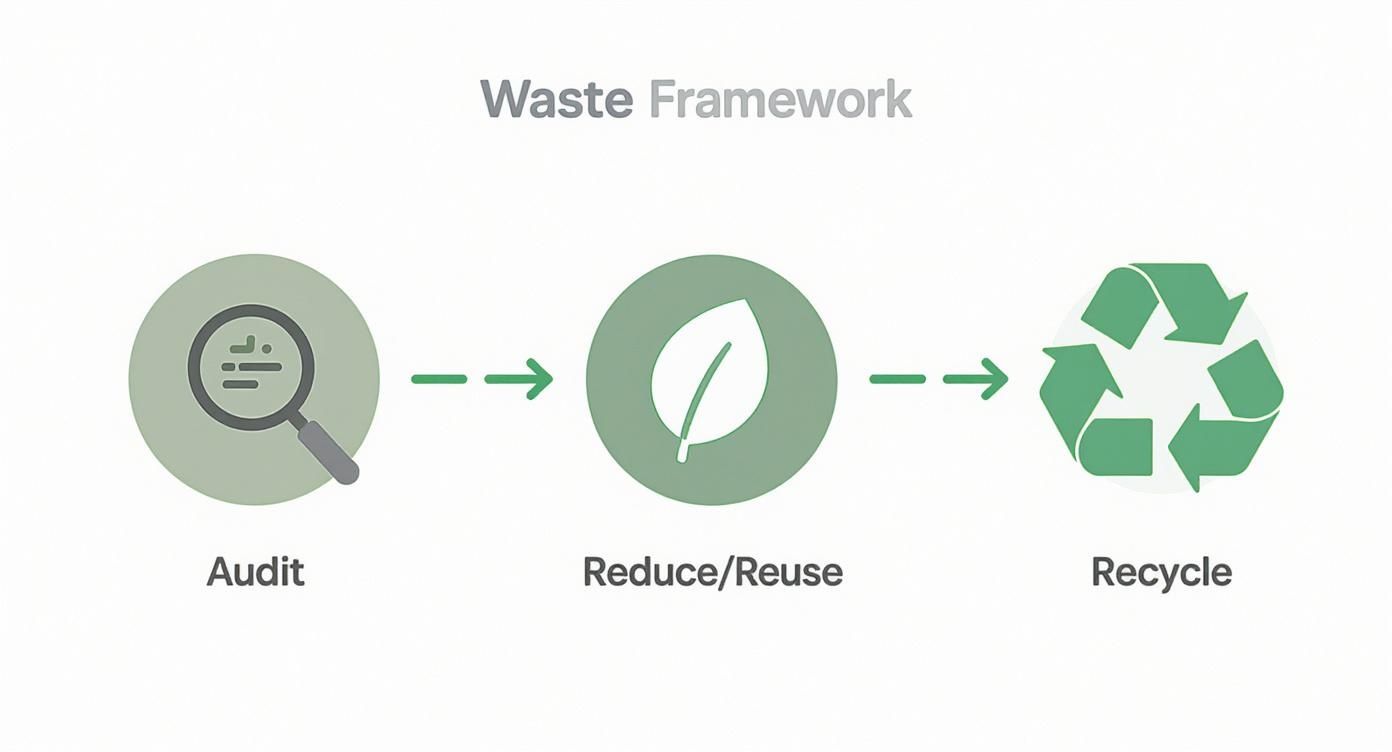 An infographic displaying the Waste Framework with three steps: Audit, Reduce/Reuse, and Recycle.