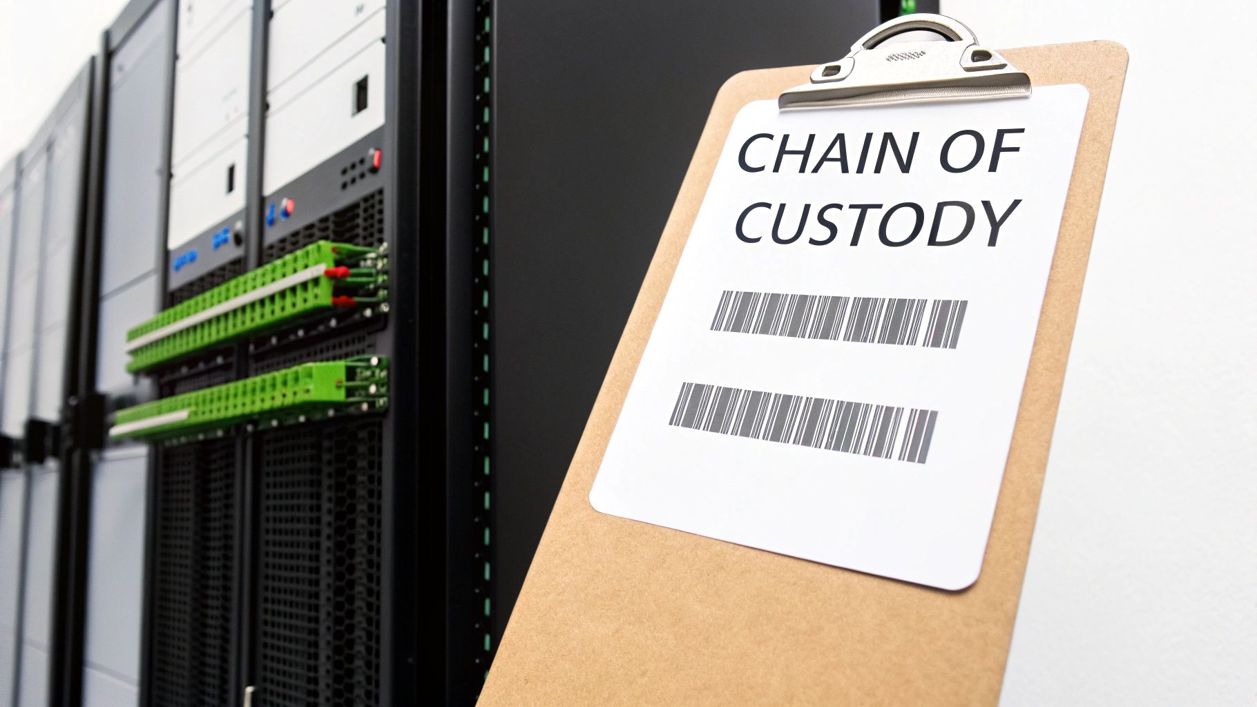 A 'Chain of Custody' document with barcodes on a clipboard in a server room.
