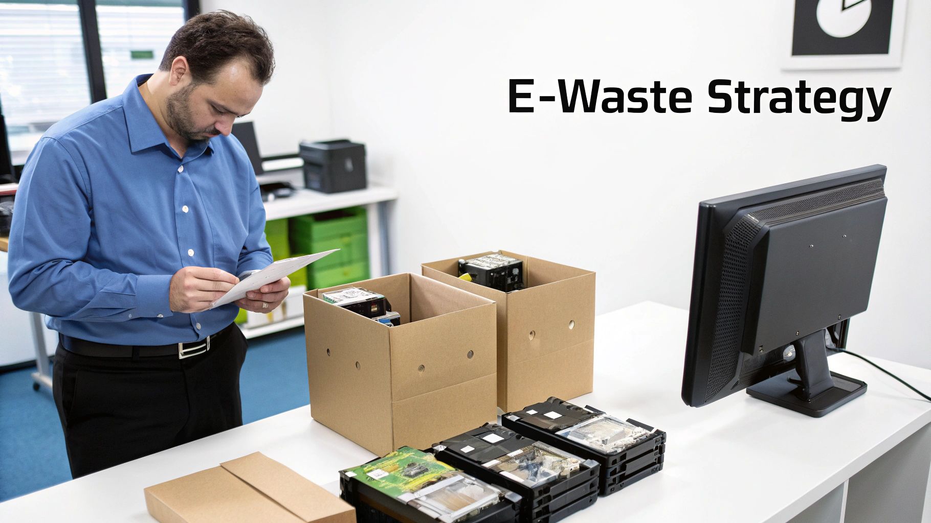 Man in office inspecting electronic waste components, like hard drives, on a table with recycling boxes.