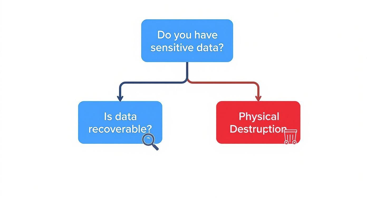 Flowchart guides on handling sensitive data: physical destruction versus data recoverability assessment.