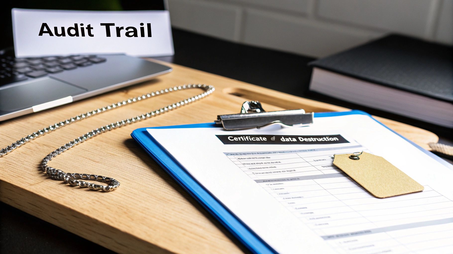 A desk setup with a laptop displaying 'Audit Trail' and a 'Certificate of Data Destruction' form.