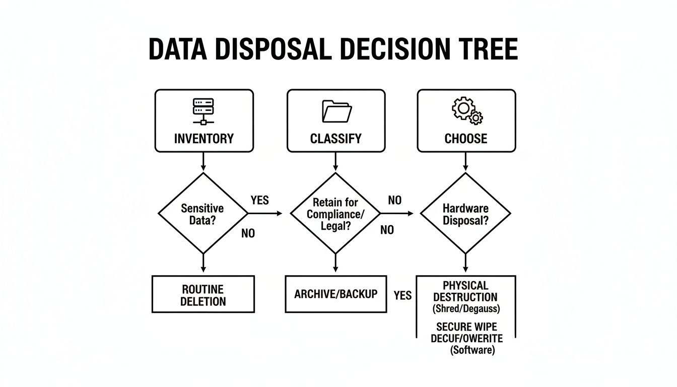 A data disposal decision tree flowchart detailing steps from inventory and classification to secure data destruction methods.