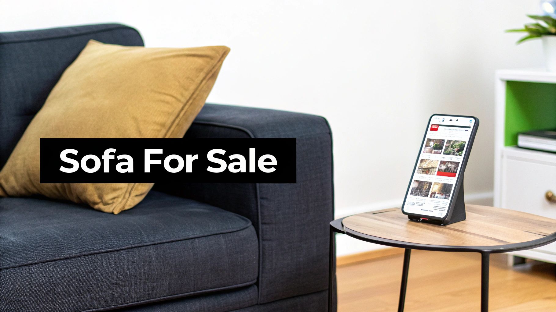 Modern dark gray sofa with mustard pillow for sale, smartphone displaying marketplace on side table