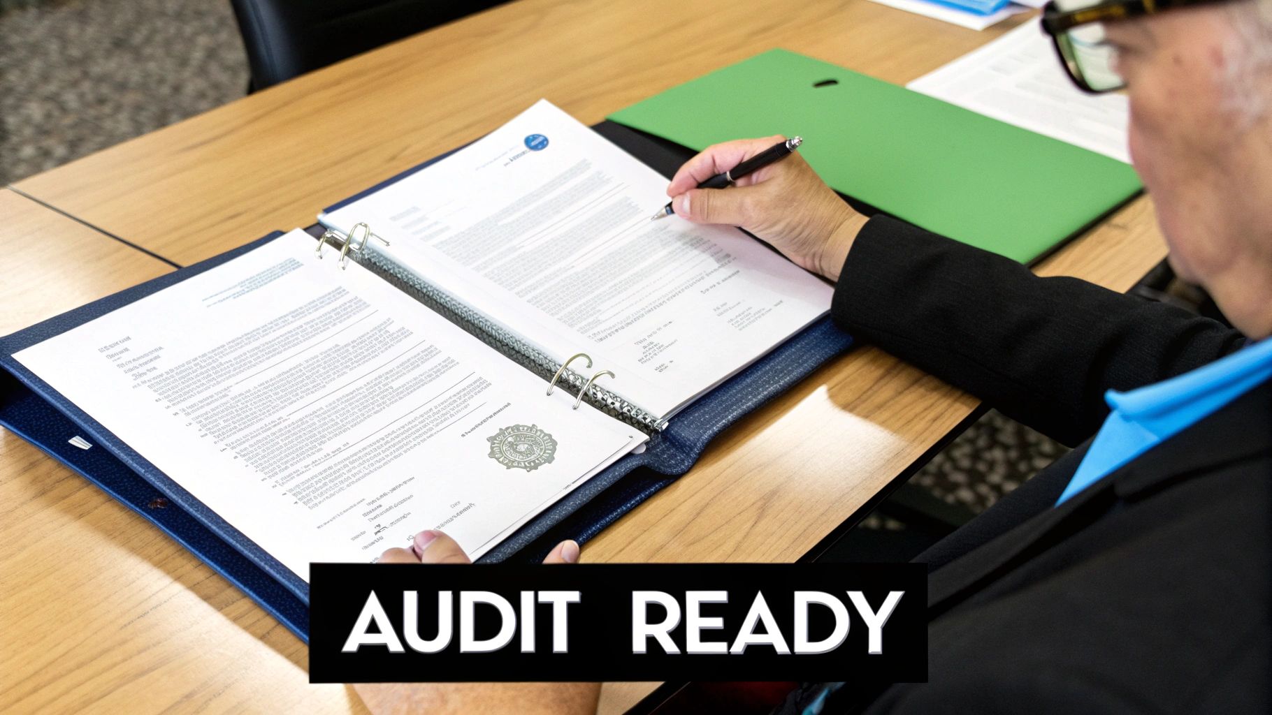 A professional reviewing a destruction certificate on a tablet, with a backdrop of a secure IT asset disposition facility.