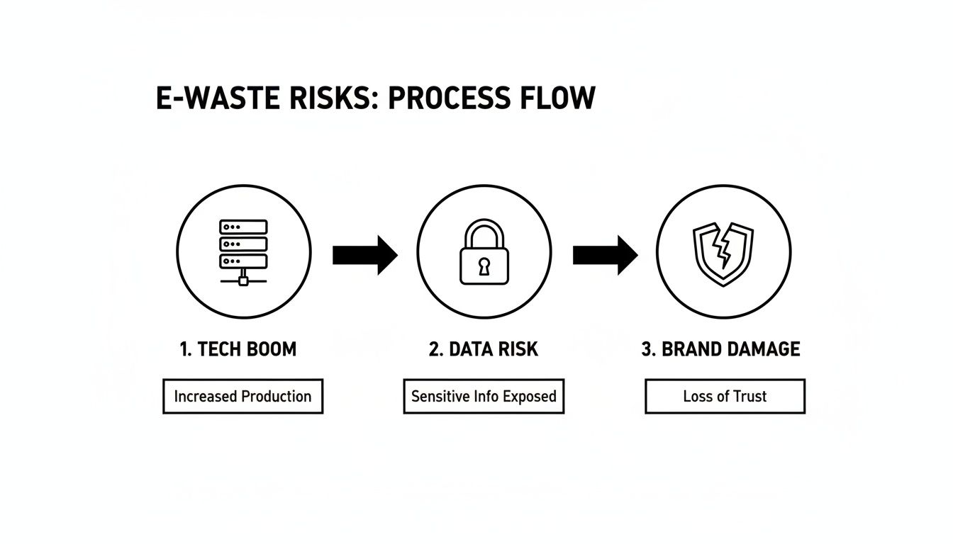 Process flow diagram illustrating e-waste risks from tech boom to data exposure and brand damage.