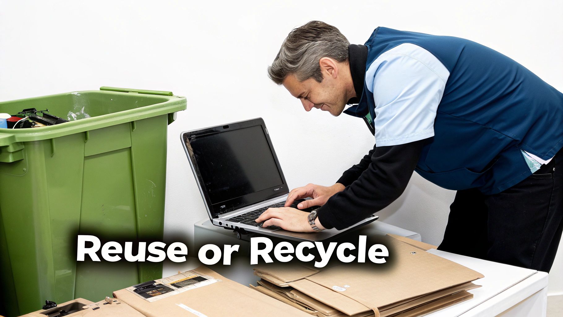 A man works on a laptop next to a green recycling bin, promoting reuse or recycling.