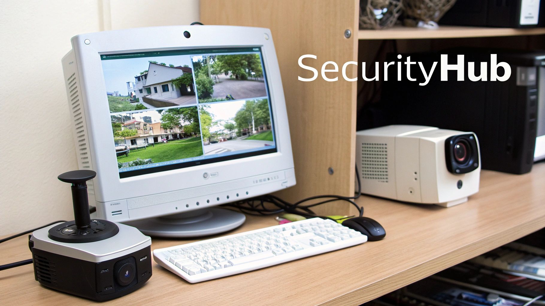 A desk with a monitor displaying multiple security camera feeds, a joystick controller, and a projector.