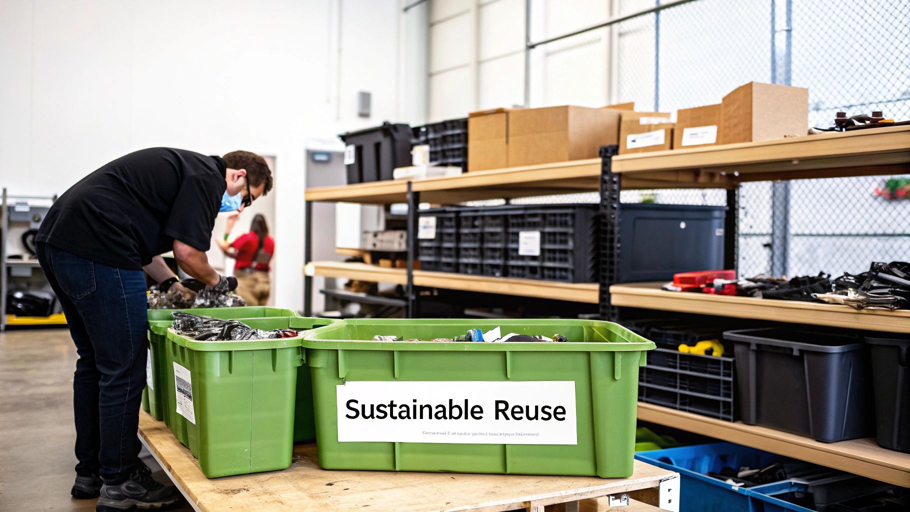 A person sorting items into green 'Sustainable Reuse' bins in a bright warehouse setting.