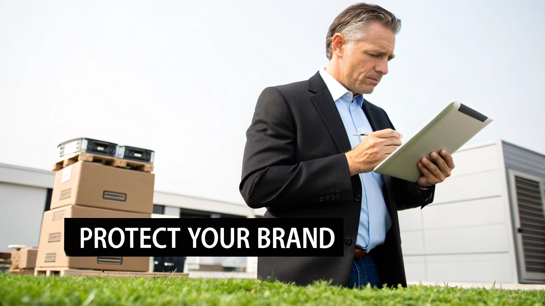 Business professionals discussing a sustainability report in an office.