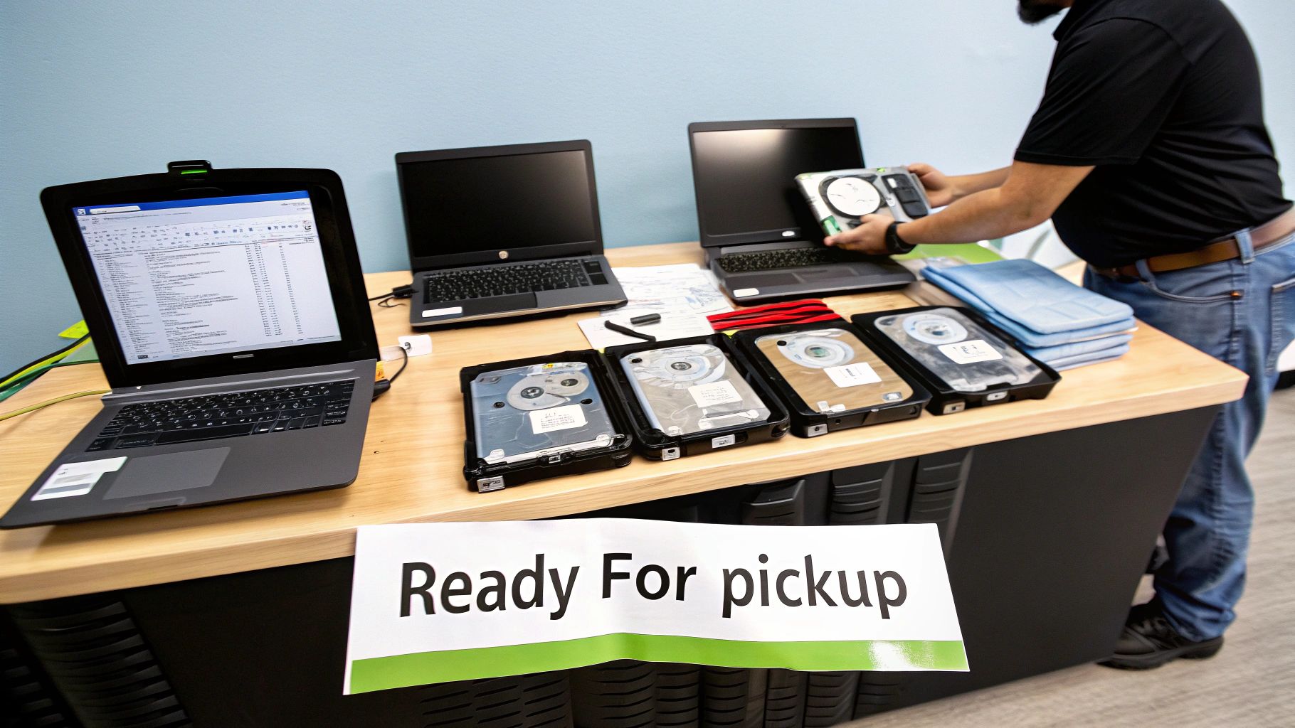 A person handles computer hard drives on a desk with laptops and a 'Ready For pickup' sign.