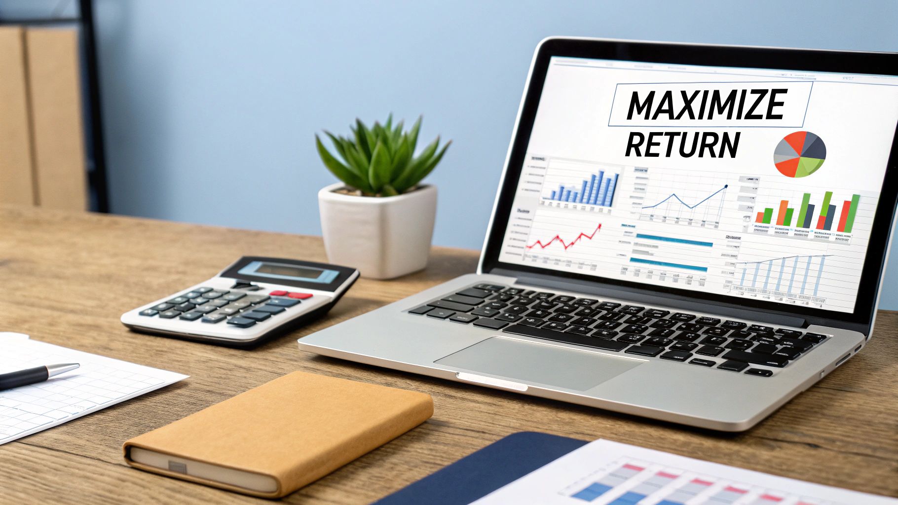 A laptop on a wooden desk displays financial charts and 'MAXIMIZE RETURN', with a calculator and plant.