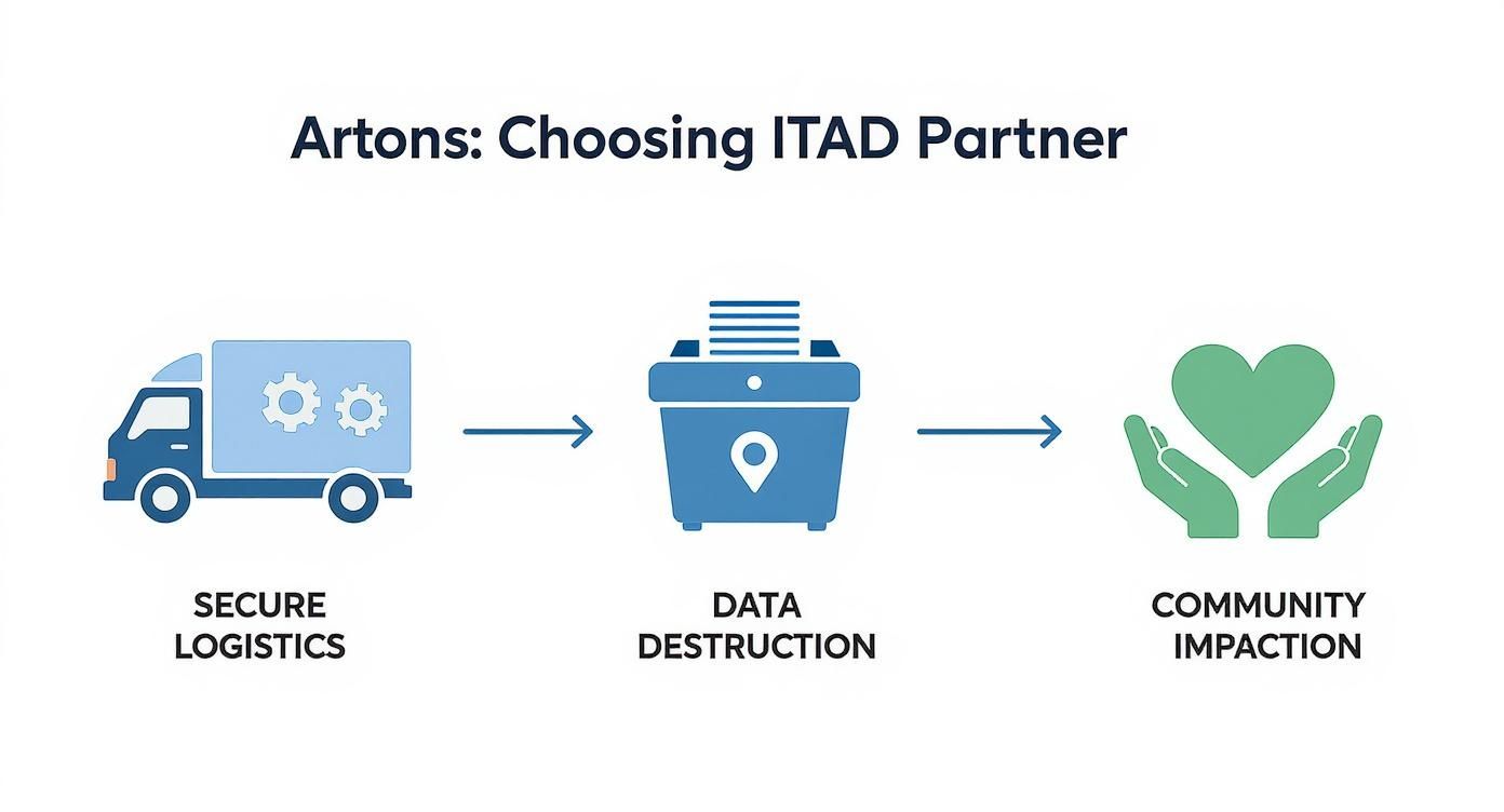 Diagram illustrating the ITAD process: secure logistics, data destruction, and community impact.