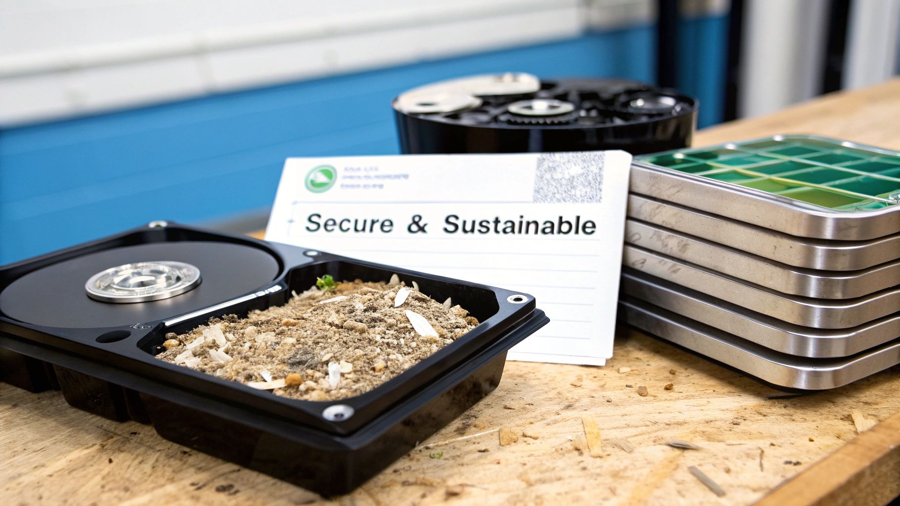 Shredded hard drive components in black tray next to secure and sustainable recycling sign