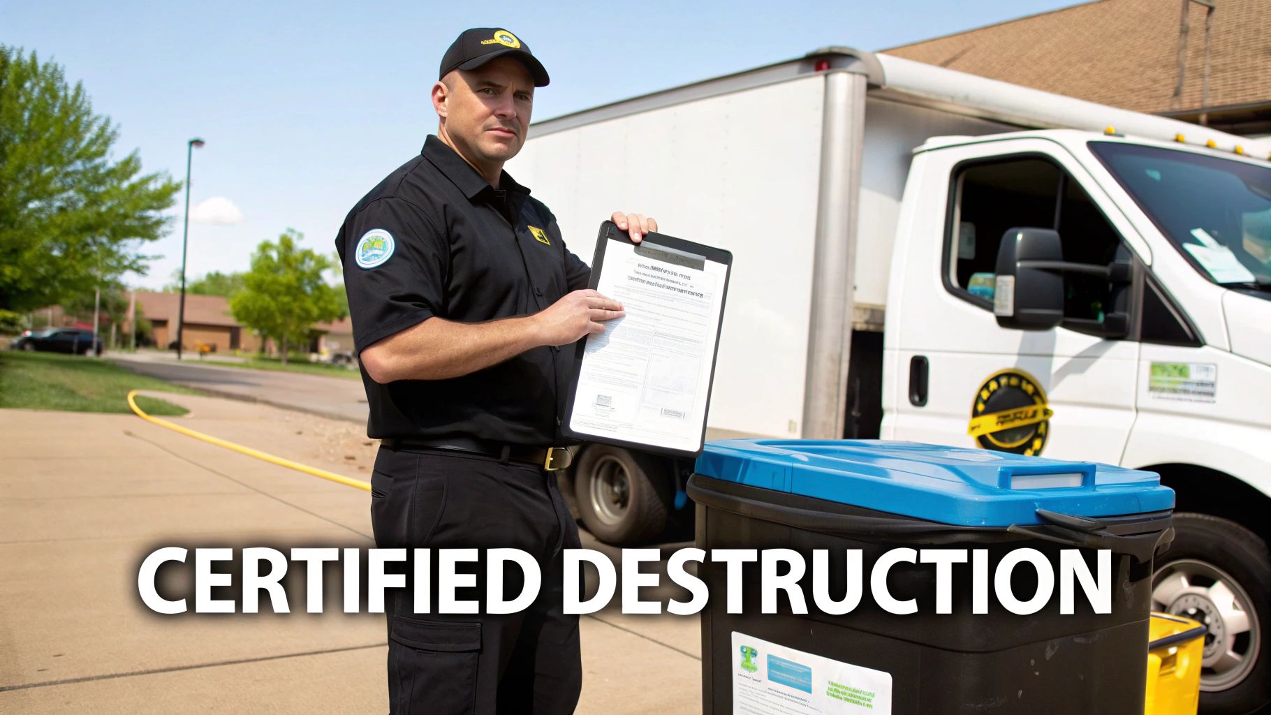 A professional in uniform holds a destruction certificate next to a secure bin and mobile shredding truck.