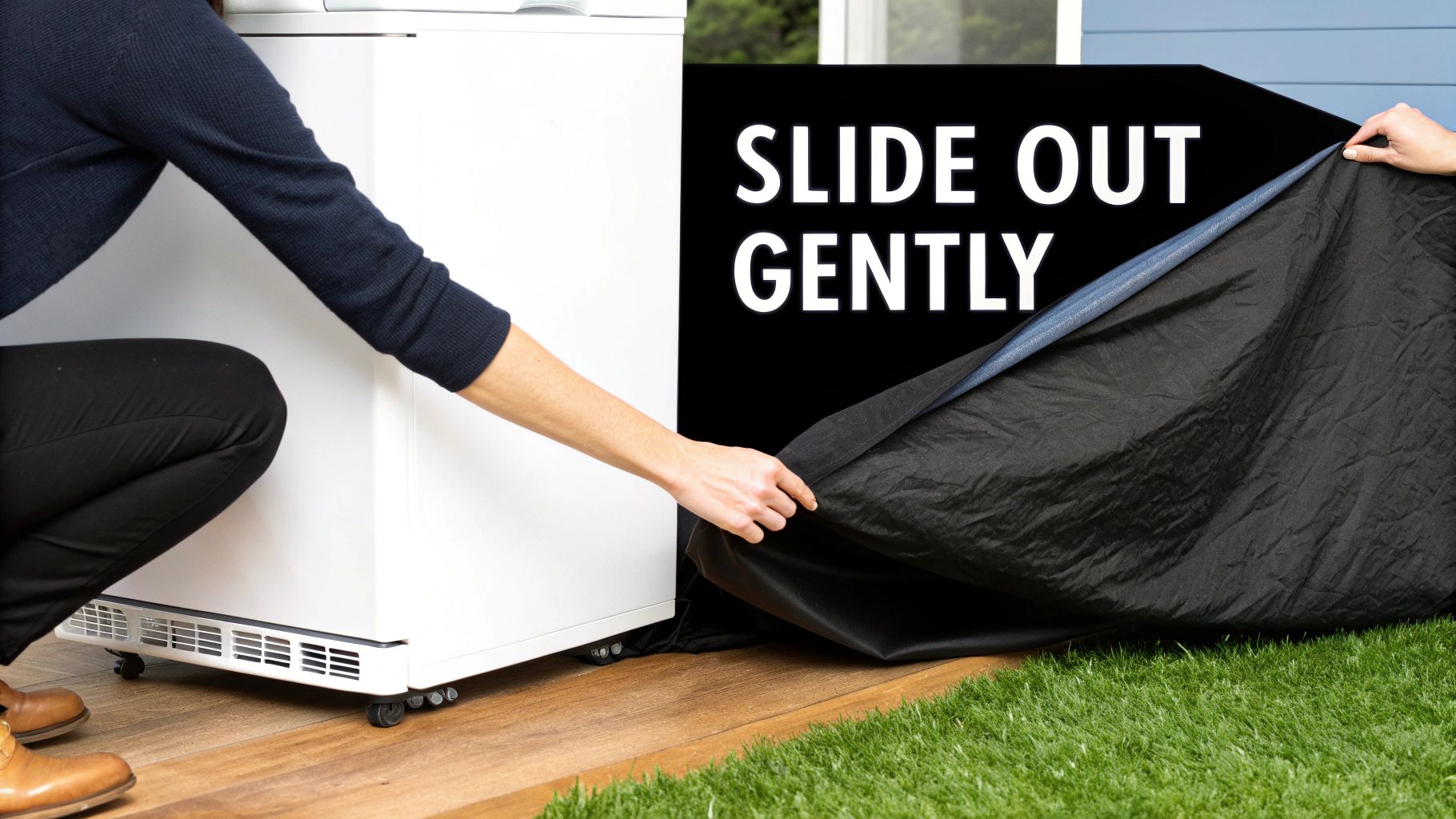 A person crouches, gently sliding a black protective cover from underneath a white, wheeled appliance.