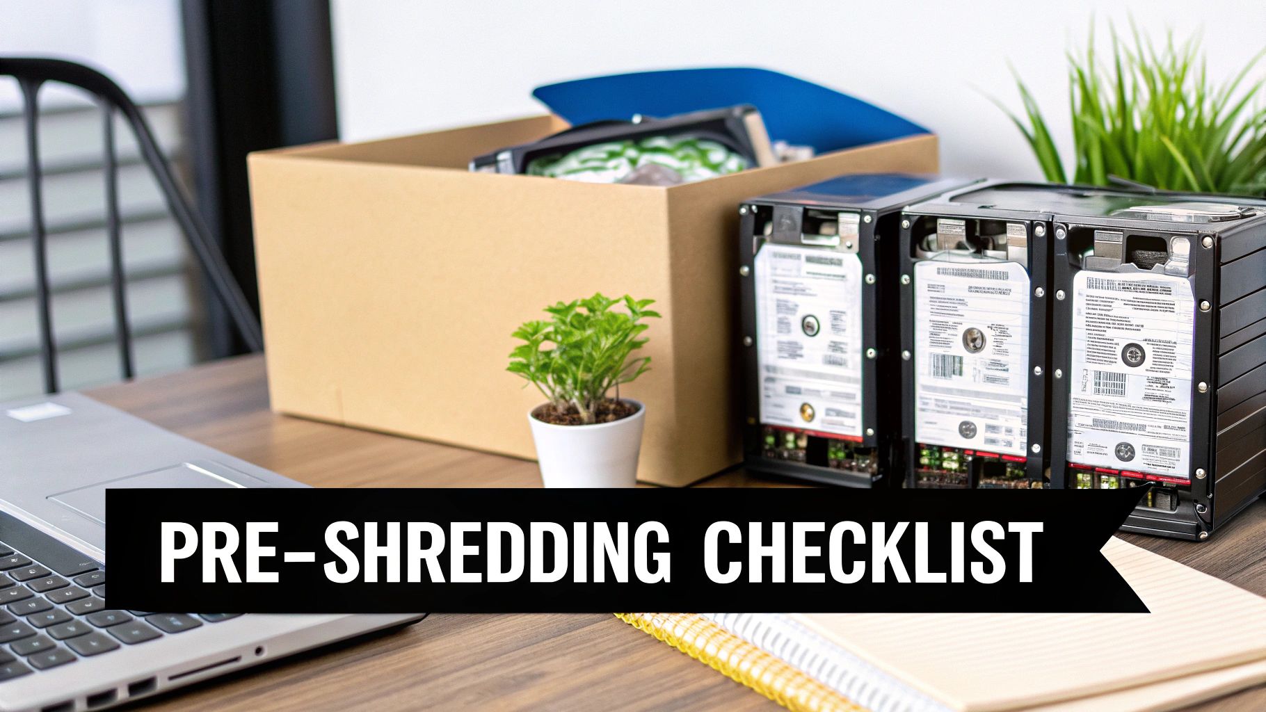 Desk with laptop, hard drives, a cardboard box, and a plant, with a 'PRE-SHREDDING CHECKLIST' banner.