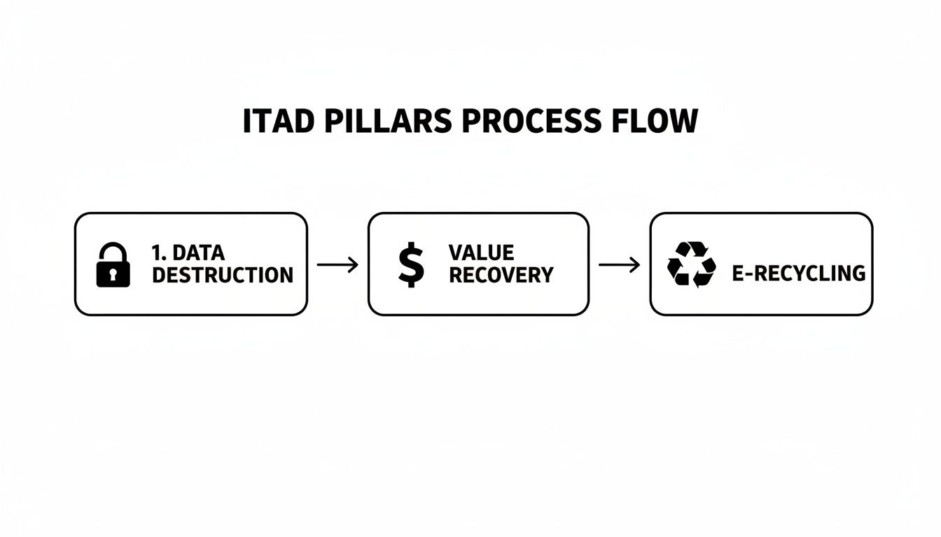 ITAD pillars process flow diagram showing data destruction, value recovery, and e-recycling steps.