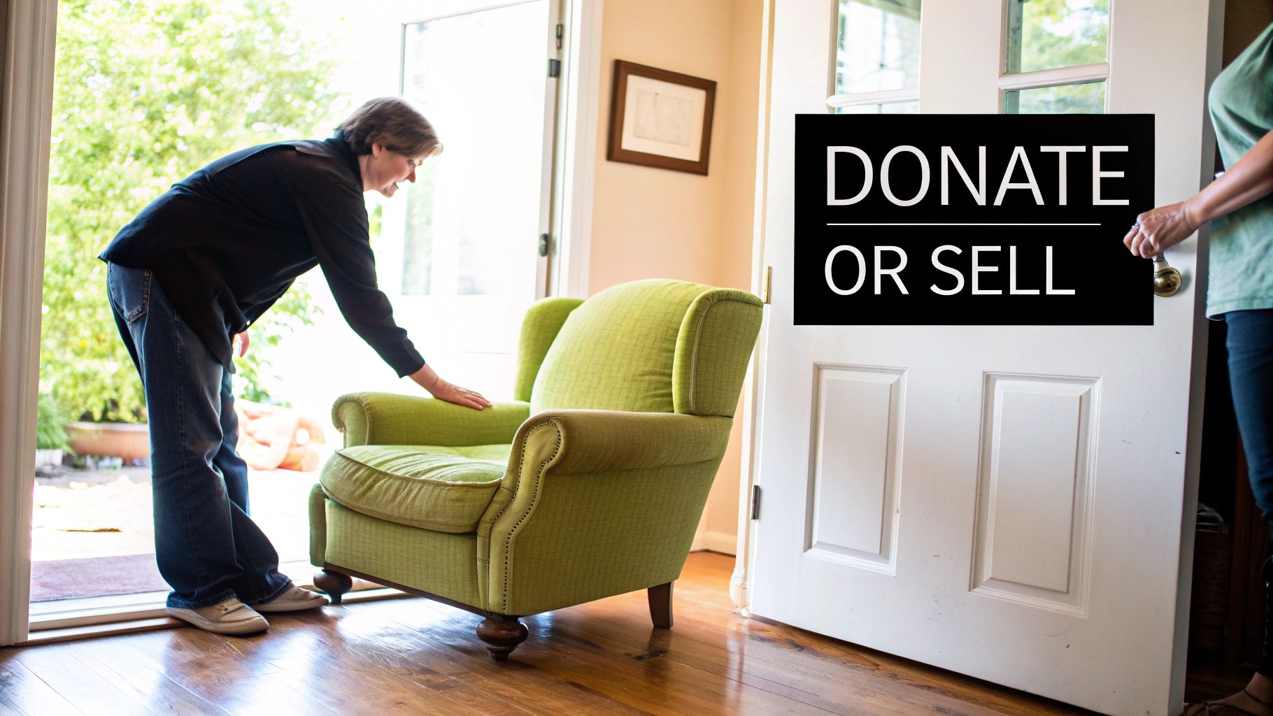 Close-up of a person's hands sanding a wooden chair, giving it new life.