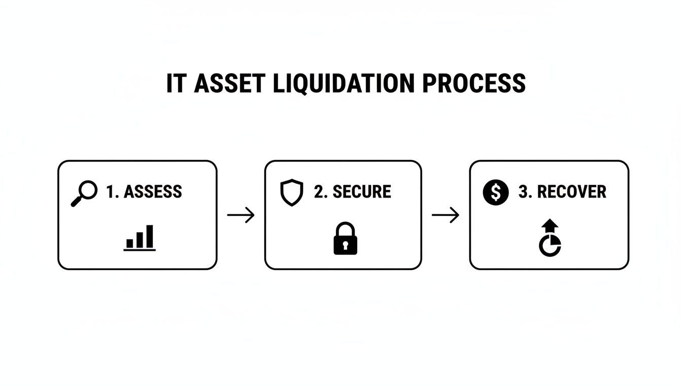 Diagram showing the IT asset liquidation process with three steps: Assess, Secure, and Recover.