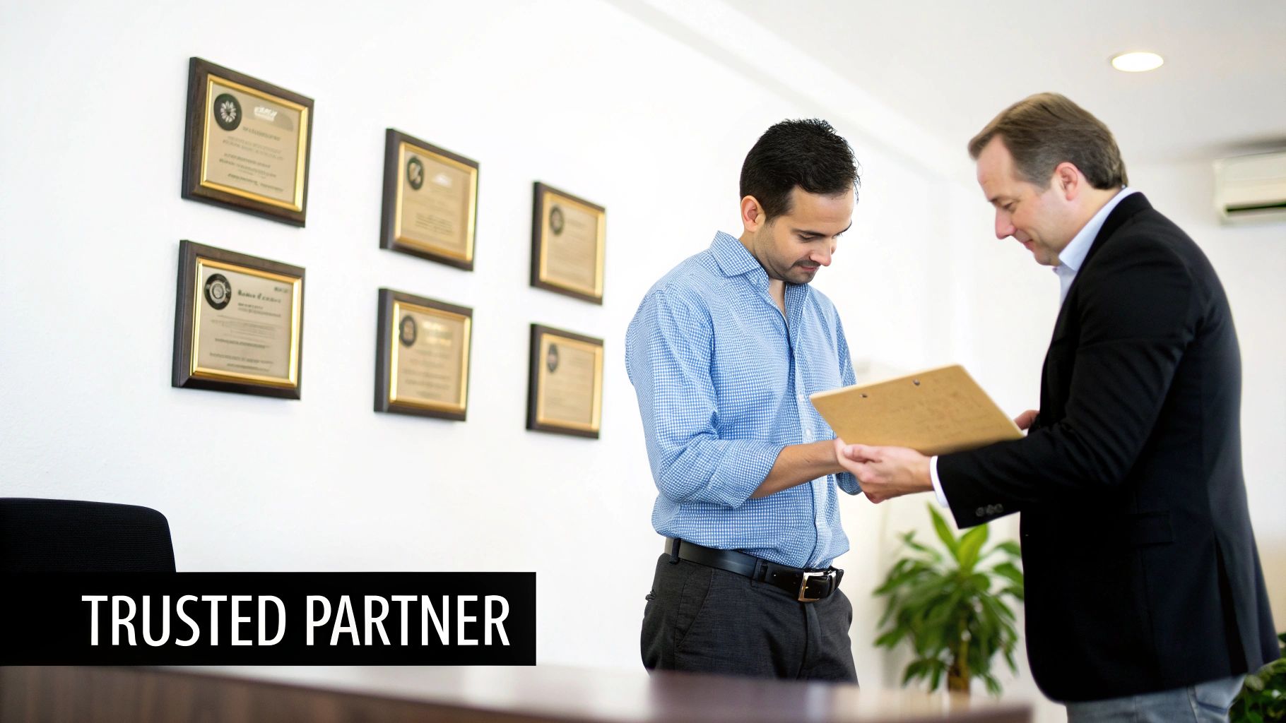 Two business partners signing documents in an office, with awards on the wall, symbolizing trust.
